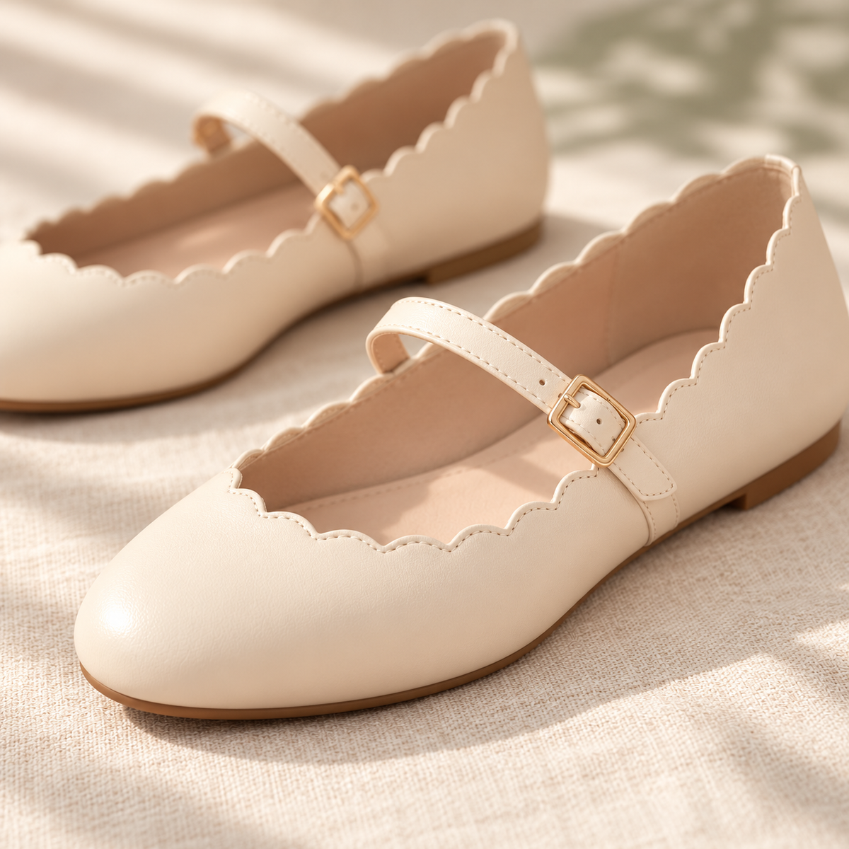 pondpwin™  Petal Loop Mary Jane Flats for Women — Round-Toe Ballet Shoes with Scalloped Edge & Adjustable Strap