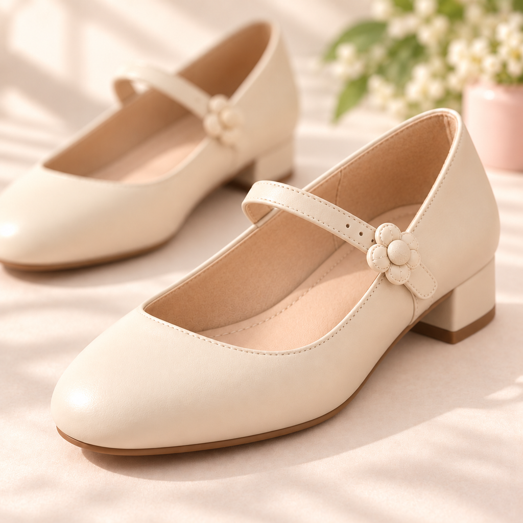pondpwin™  Button Bloom Mary Jane Block Heel Pumps for Women — Round-Toe Dress Shoes with Floral Button Detail