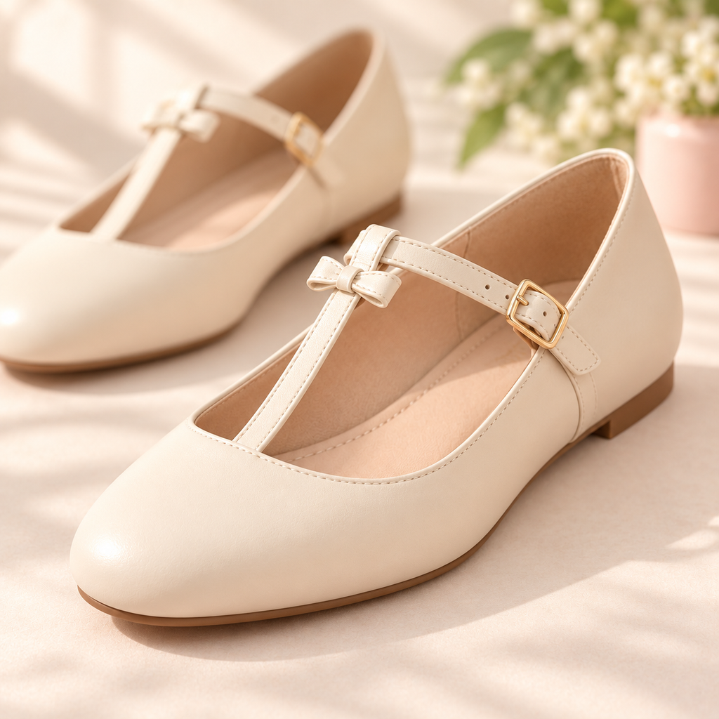 pondpwin™  Ribbon Gate T-Strap Mary Jane Shoes for Women — Square-Toe Flats with Bow Detail
