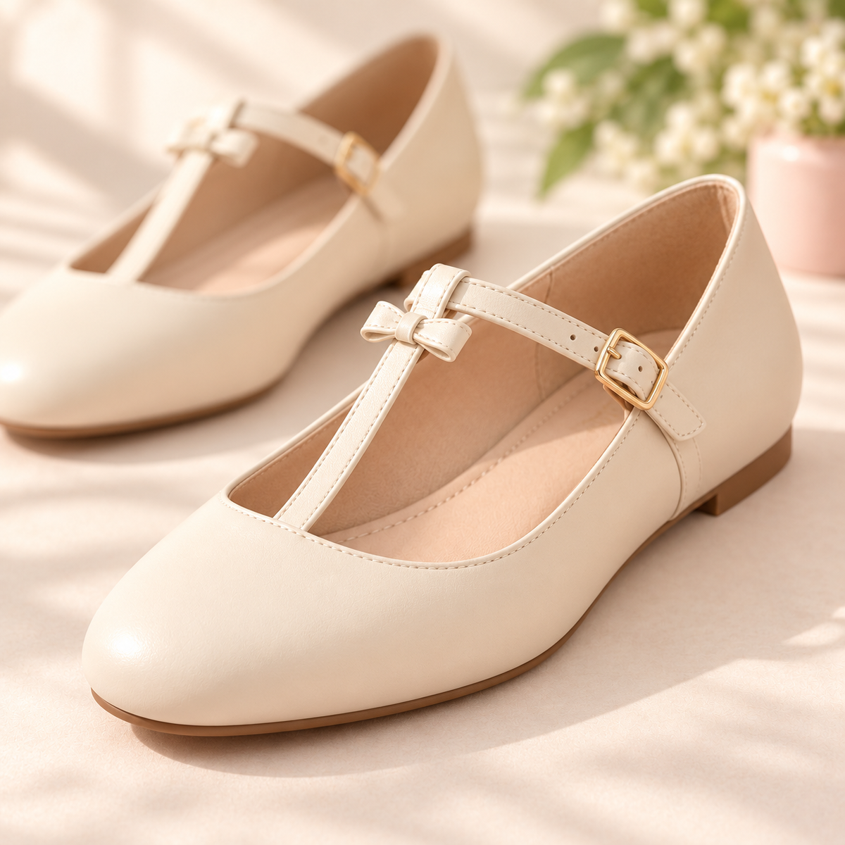 pondpwin™  Ribbon Gate T-Strap Mary Jane Shoes for Women — Square-Toe Flats with Bow Detail