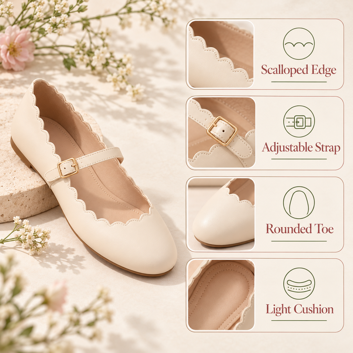 pondpwin™  Petal Loop Mary Jane Flats for Women — Round-Toe Ballet Shoes with Scalloped Edge & Adjustable Strap