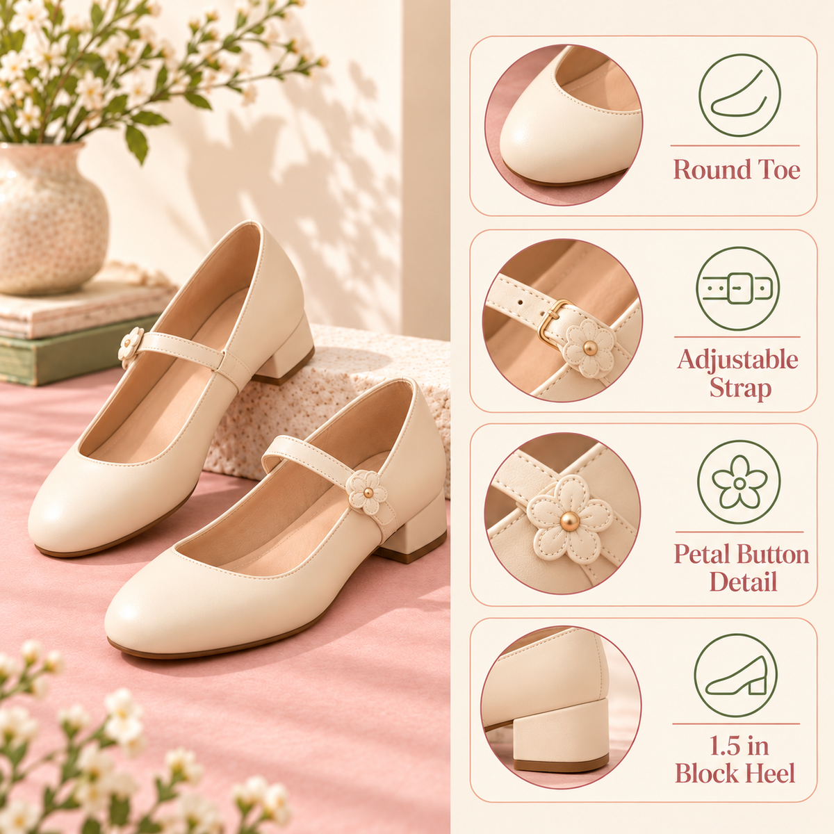 pondpwin™  Button Bloom Mary Jane Block Heel Pumps for Women — Round-Toe Dress Shoes with Floral Button Detail
