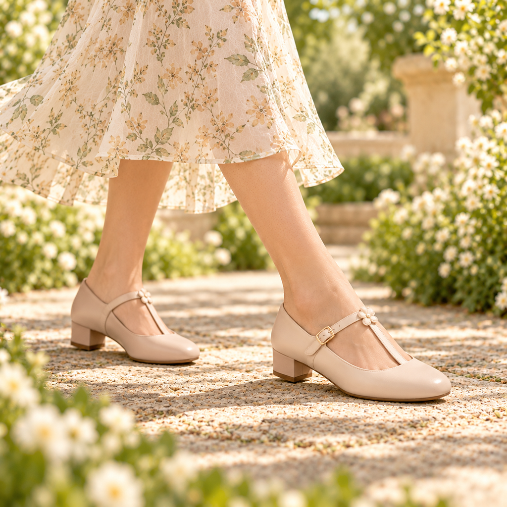 pondpwin™  Button Bloom Mary Jane Block Heel Pumps for Women — Round-Toe Dress Shoes with Floral Button Detail