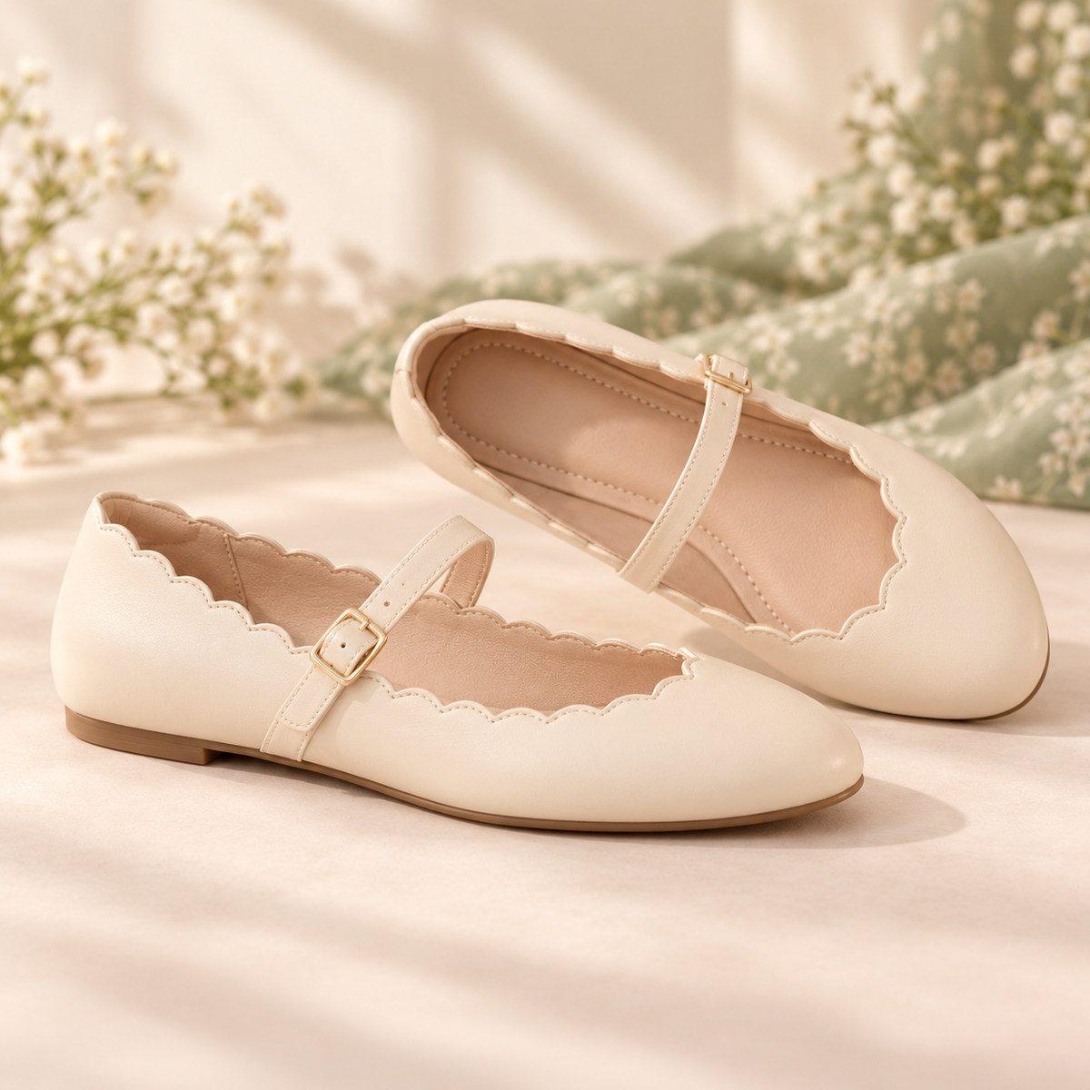 pondpwin™  Petal Loop Mary Jane Flats for Women — Round-Toe Ballet Shoes with Scalloped Edge & Adjustable Strap