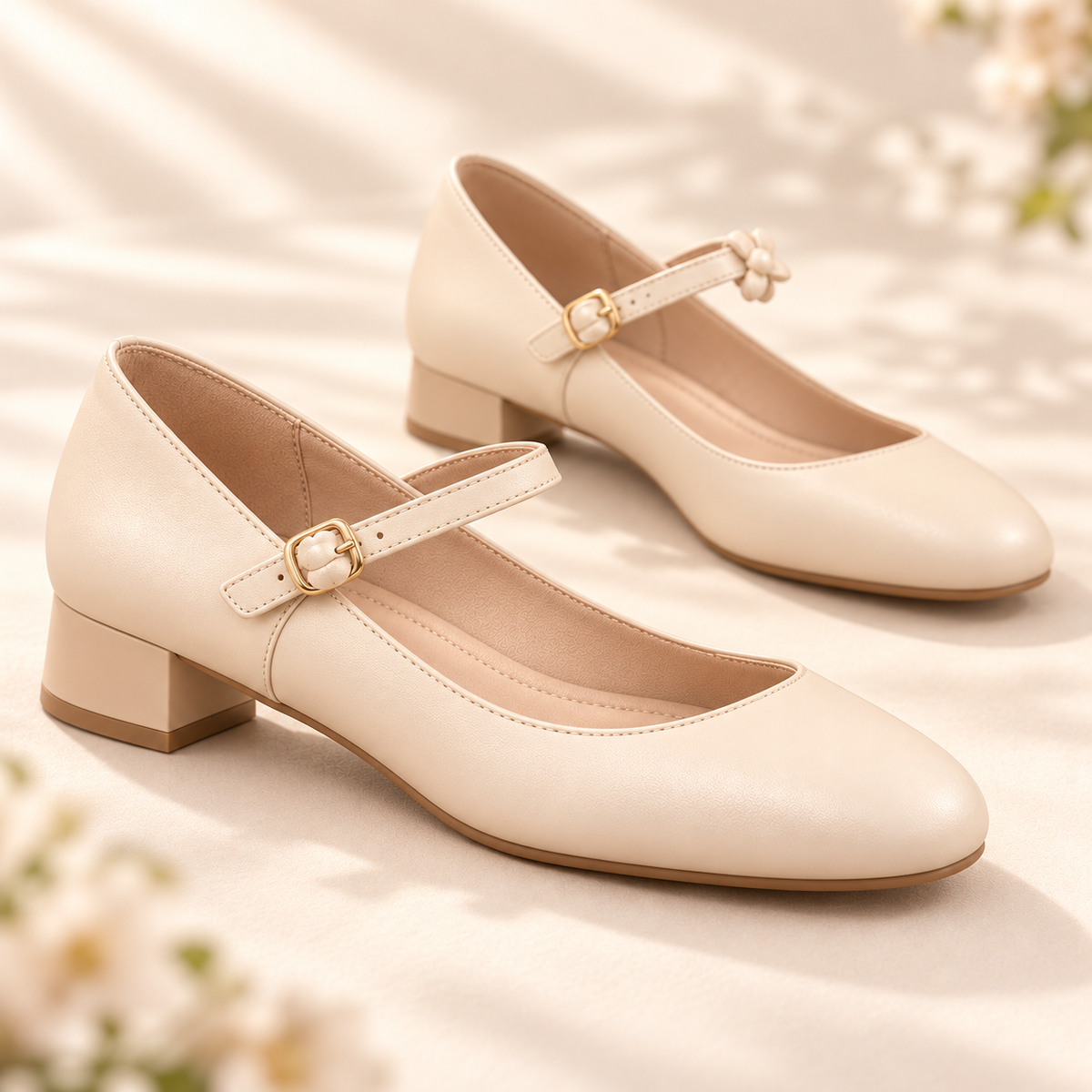 pondpwin™  Button Bloom Mary Jane Block Heel Pumps for Women — Round-Toe Dress Shoes with Floral Button Detail
