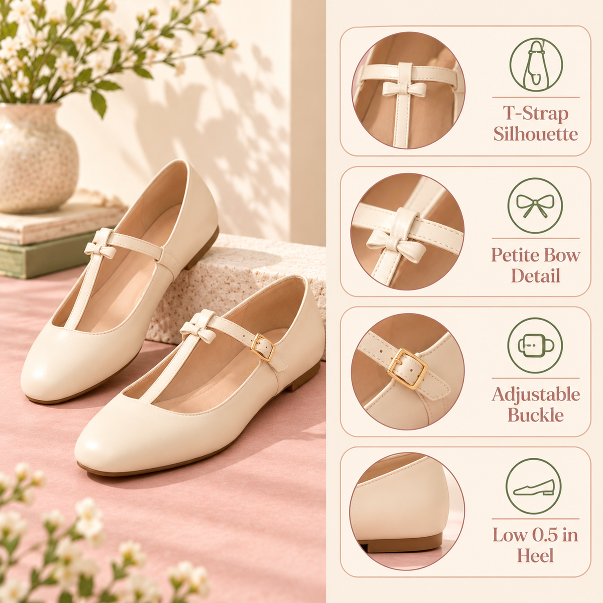 pondpwin™  Ribbon Gate T-Strap Mary Jane Shoes for Women — Square-Toe Flats with Bow Detail